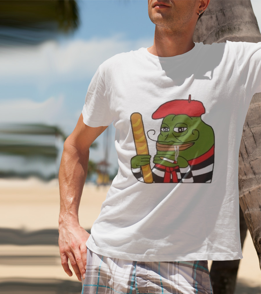 S French Pepe With Baguette And Cigarette Beret Comedy Meme T-Shirt