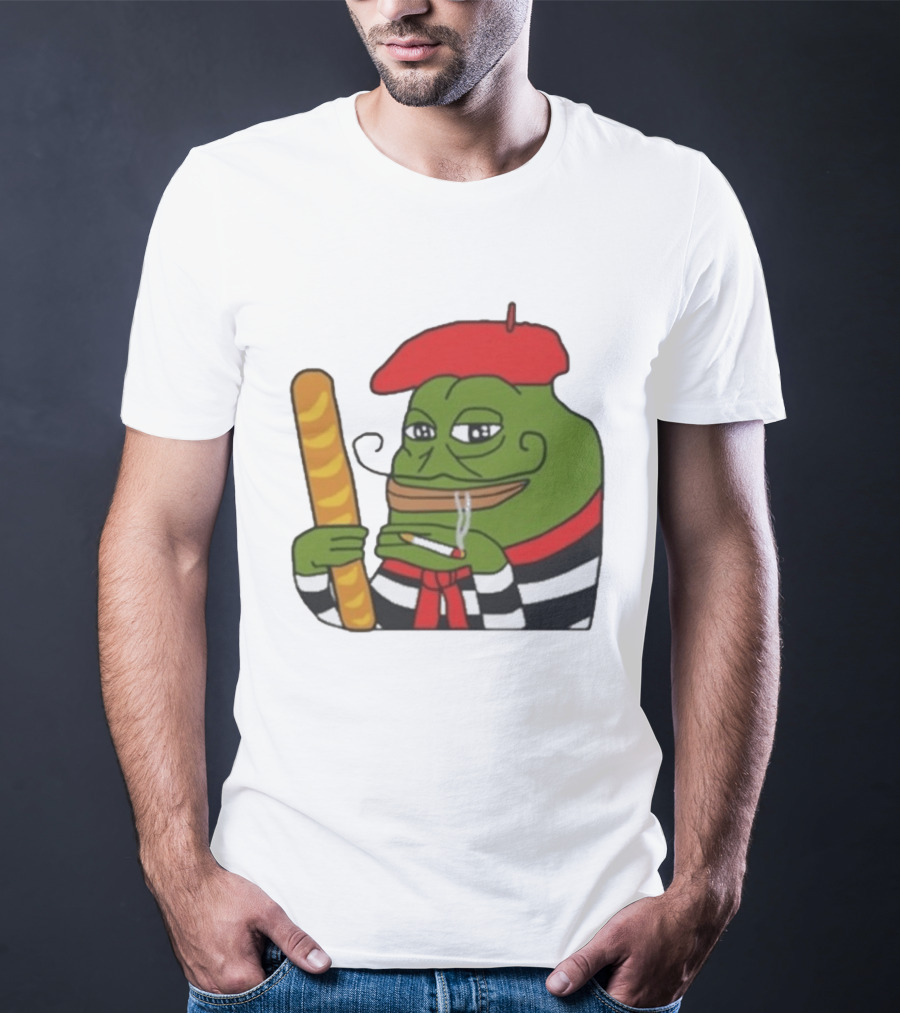 S French Pepe With Baguette And Cigarette Beret Comedy Meme T-Shirt