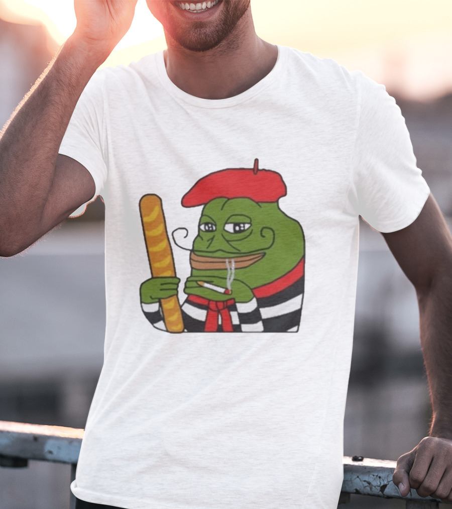 S French Pepe With Baguette And Cigarette Beret Comedy Meme T-Shirt