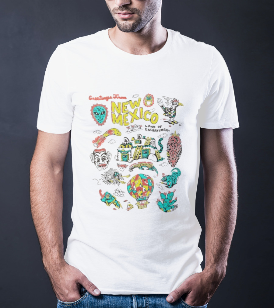 Greetings New Mexico Land Of Enchantment Colorful Southwest Symbols Hot Air Balloon Cactus And Traditional T-Shirt