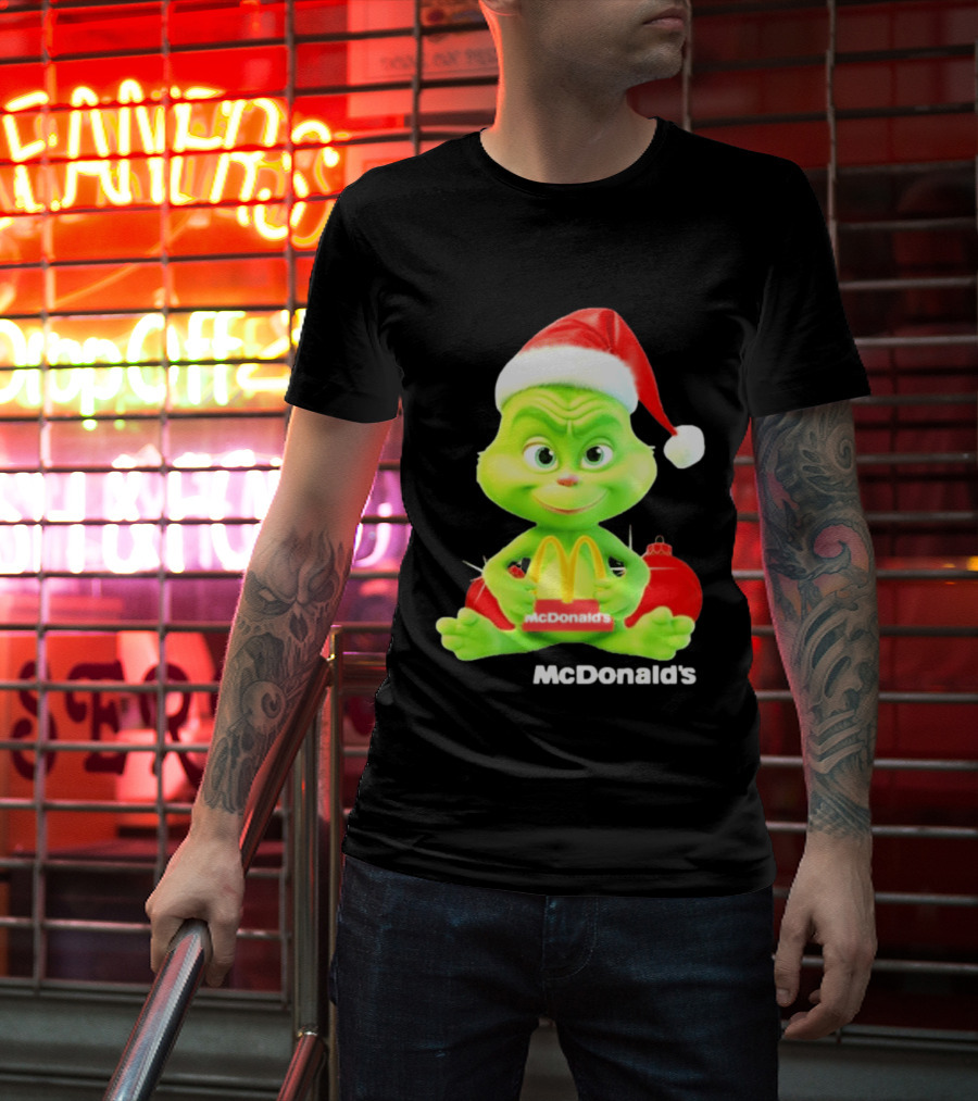 Santa Baby Grinch McDonald's Holding Happy Meal With Santa Hat And Gift Bags T-Shirt
