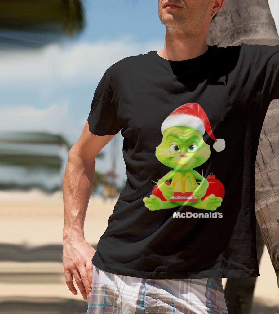 Santa Baby Grinch McDonald's Holding Happy Meal With Santa Hat And Gift Bags T-Shirt