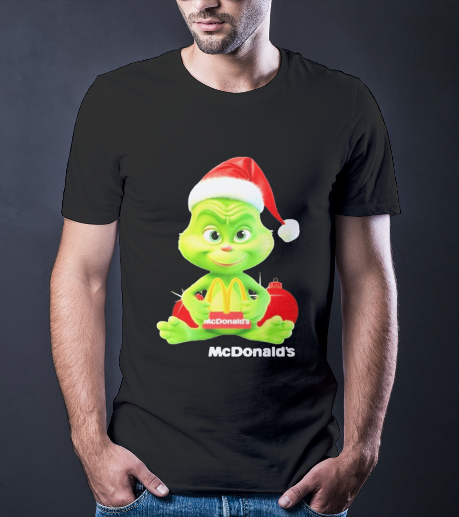 Santa Baby Grinch McDonald's Holding Happy Meal With Santa Hat And Gift Bags T-Shirt