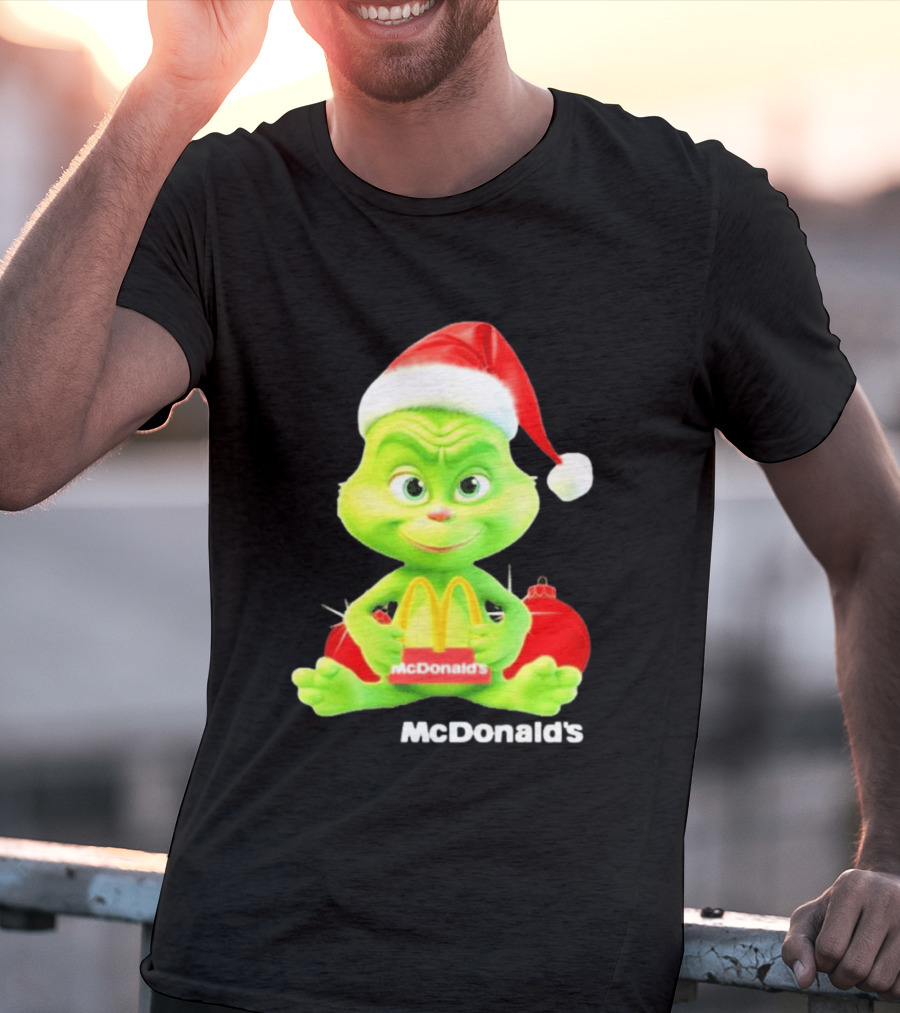 Santa Baby Grinch McDonald's Holding Happy Meal With Santa Hat And Gift Bags T-Shirt