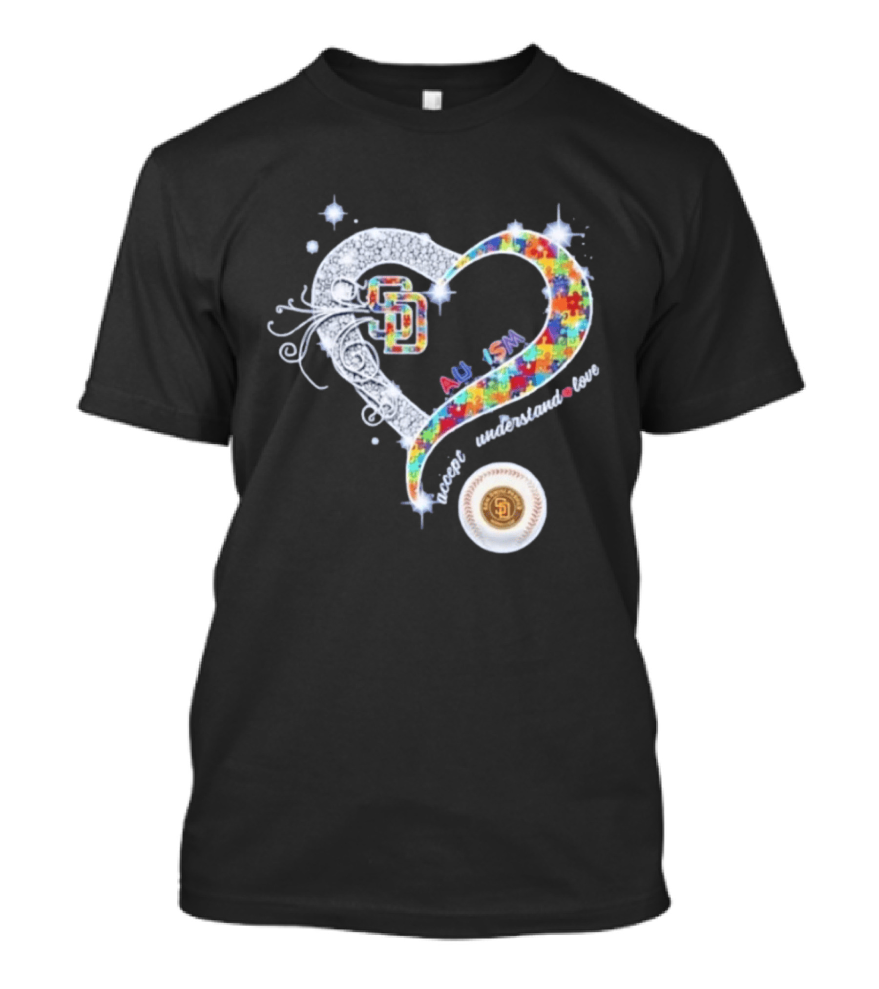 San Diego Baseball Heart Autism Accept Understand Love Puzzle T-Shirt