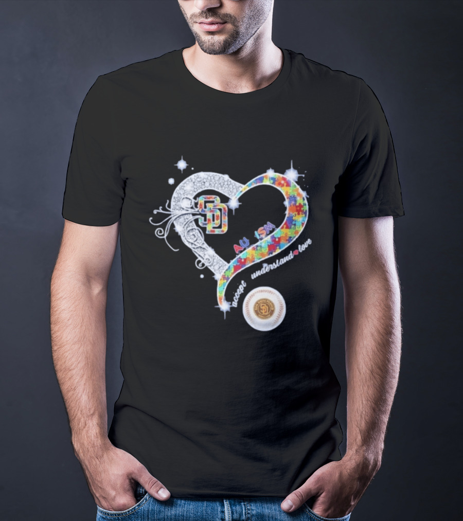 San Diego Baseball Heart Autism Accept Understand Love Puzzle T-Shirt