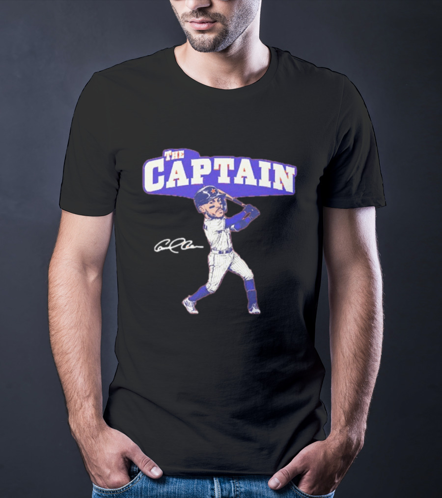 The Captain Carlos Correa Caricature Baseball Player Swinging Bat With Signature T-Shirt