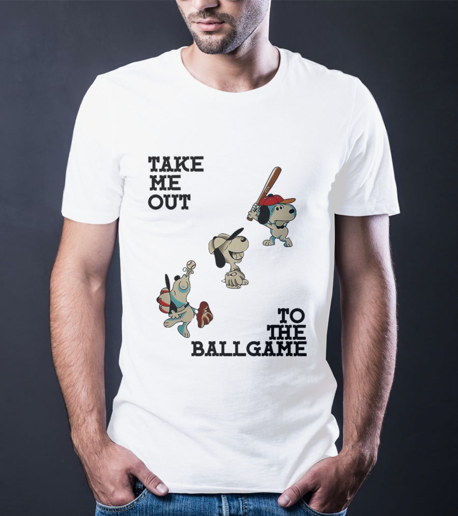 Snoopy Take Me Out To The Ballgame Baseball Red Cap Batting And Catching T-Shirt