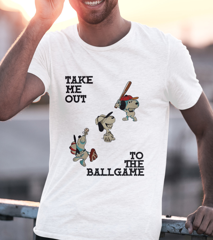 Snoopy Take Me Out To The Ballgame Baseball Red Cap Batting And Catching T-Shirt