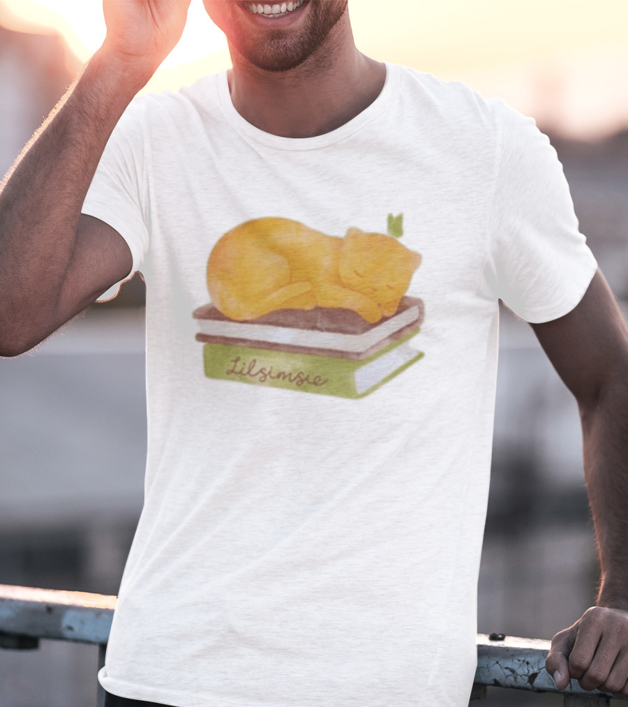 Lilsimsie Sleeping Cat On Books T-Shirt