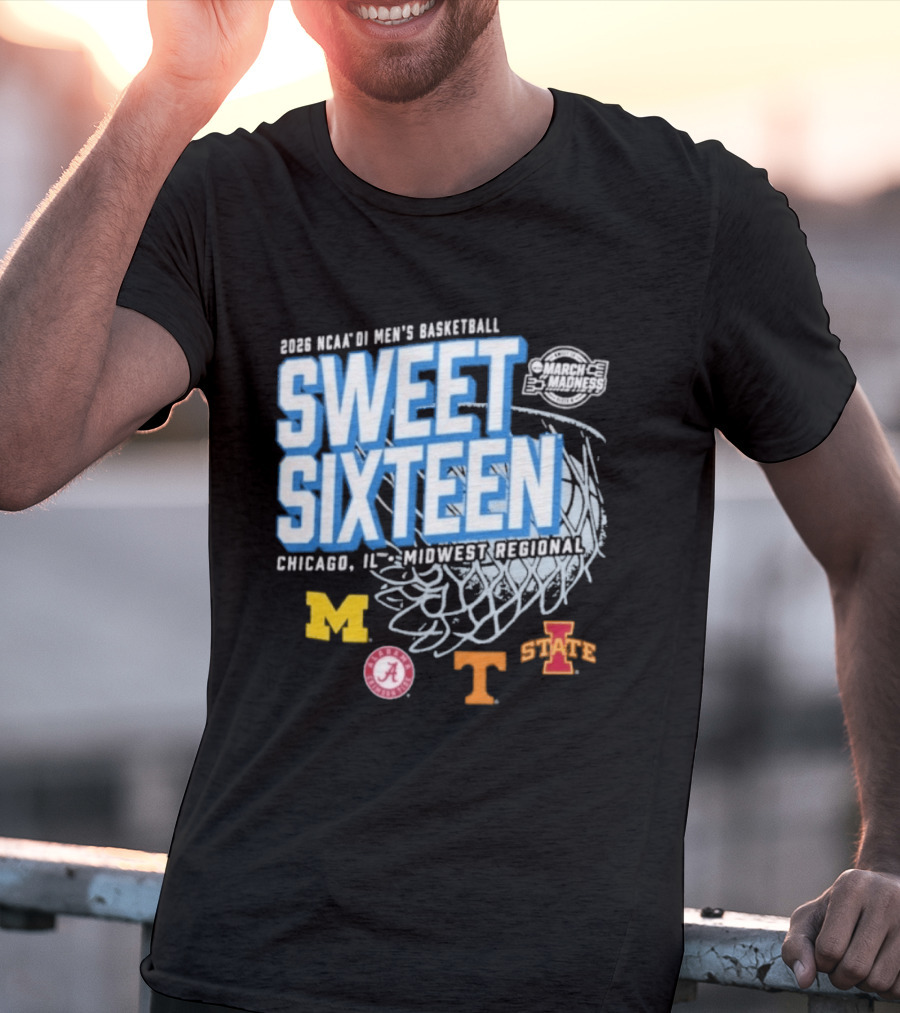 2026 NCAA DI Men's Basketball Sweet Sixteen Chicago IL Midwest Regional Michigan Alabama Tennessee Iowa State T-Shirt