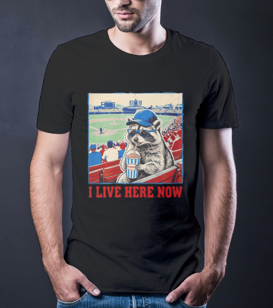Raccoon Milkshake Baseball Field I Live Here Now T-Shirt