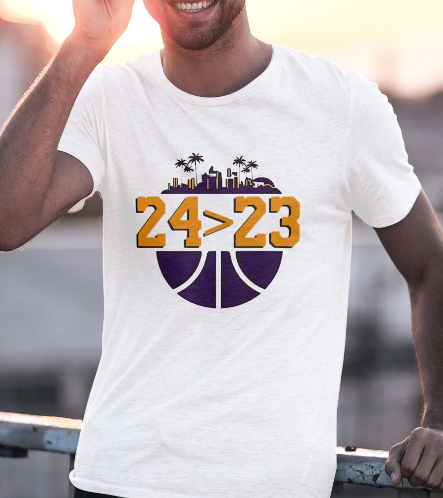 Kobe Bryant LeBron James 24 Greater Than 23 Basketball Skyline T-Shirt
