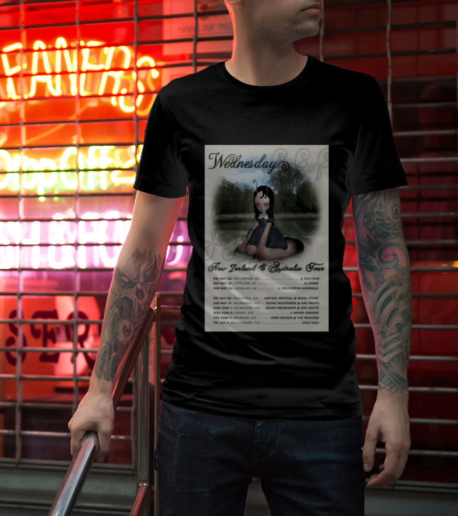 Wednesday New Zealand Australia Tour 2026 Wellington Lyttelton Auckland Fremantle Melbourne Sydney Brisbane Mullumbimby T-Shirt