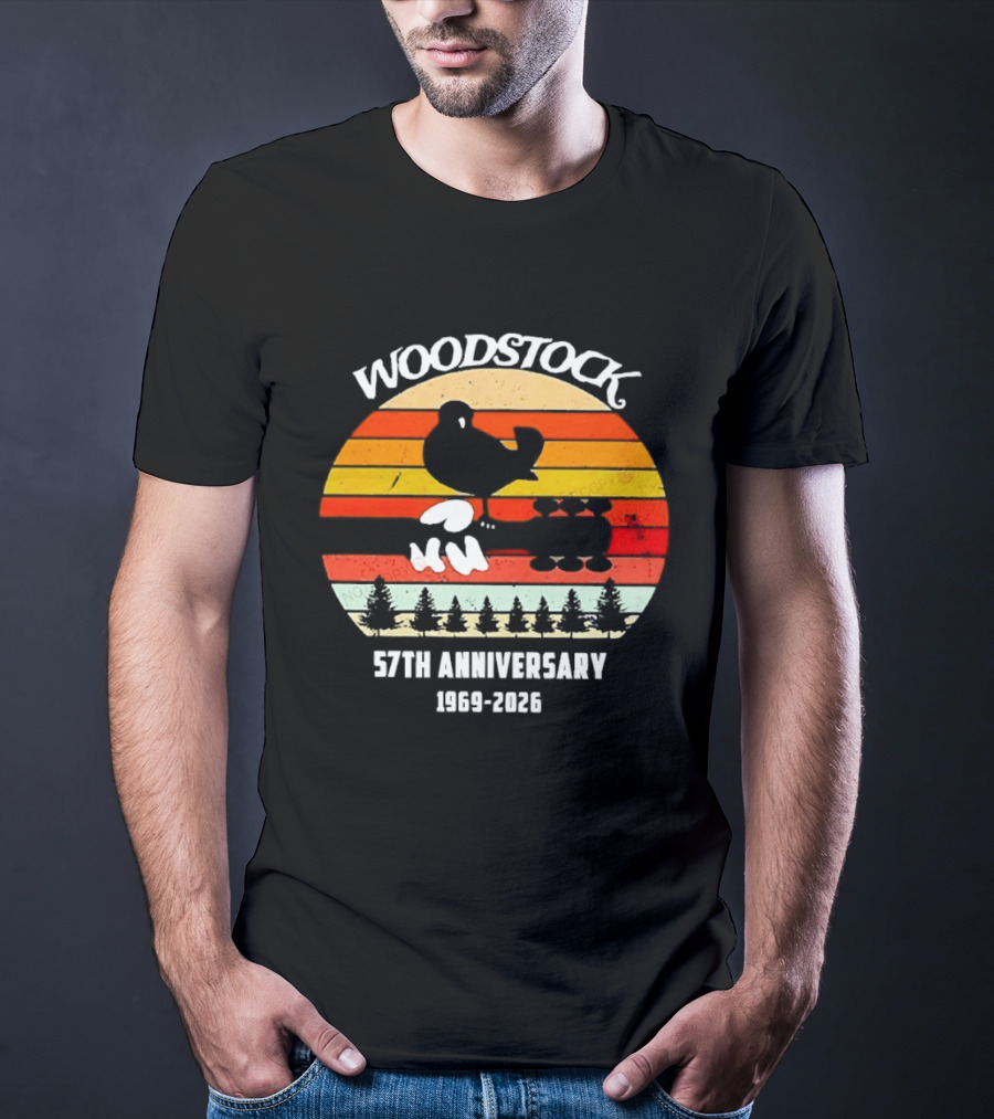 Woodstock 57th Anniversary 1969 2026 Bird Vintage Sunset Stripes T-Shirt