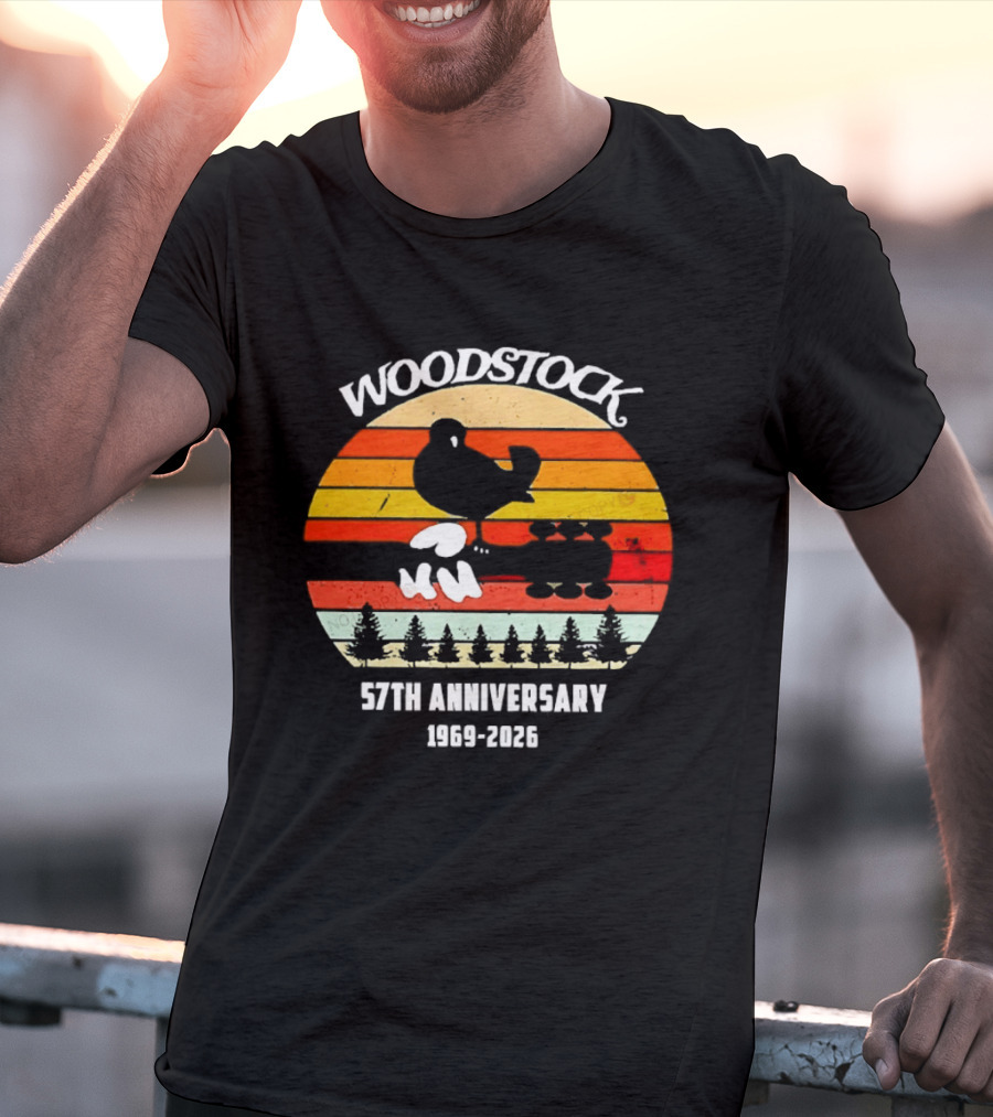 Woodstock 57th Anniversary 1969 2026 Bird Vintage Sunset Stripes T-Shirt