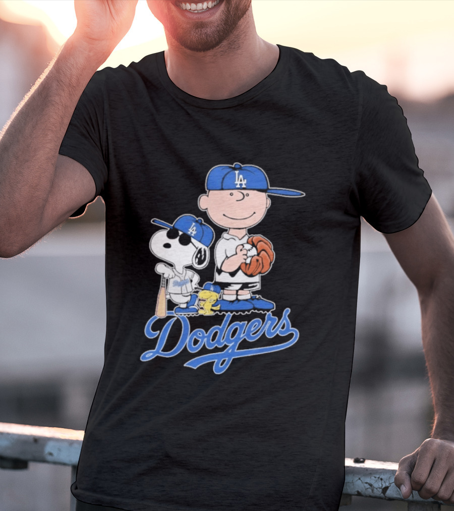Los Angeles Dodgers Peanuts Snoopy Charlie Brown Woodstock Baseball Collaboration T-Shirt