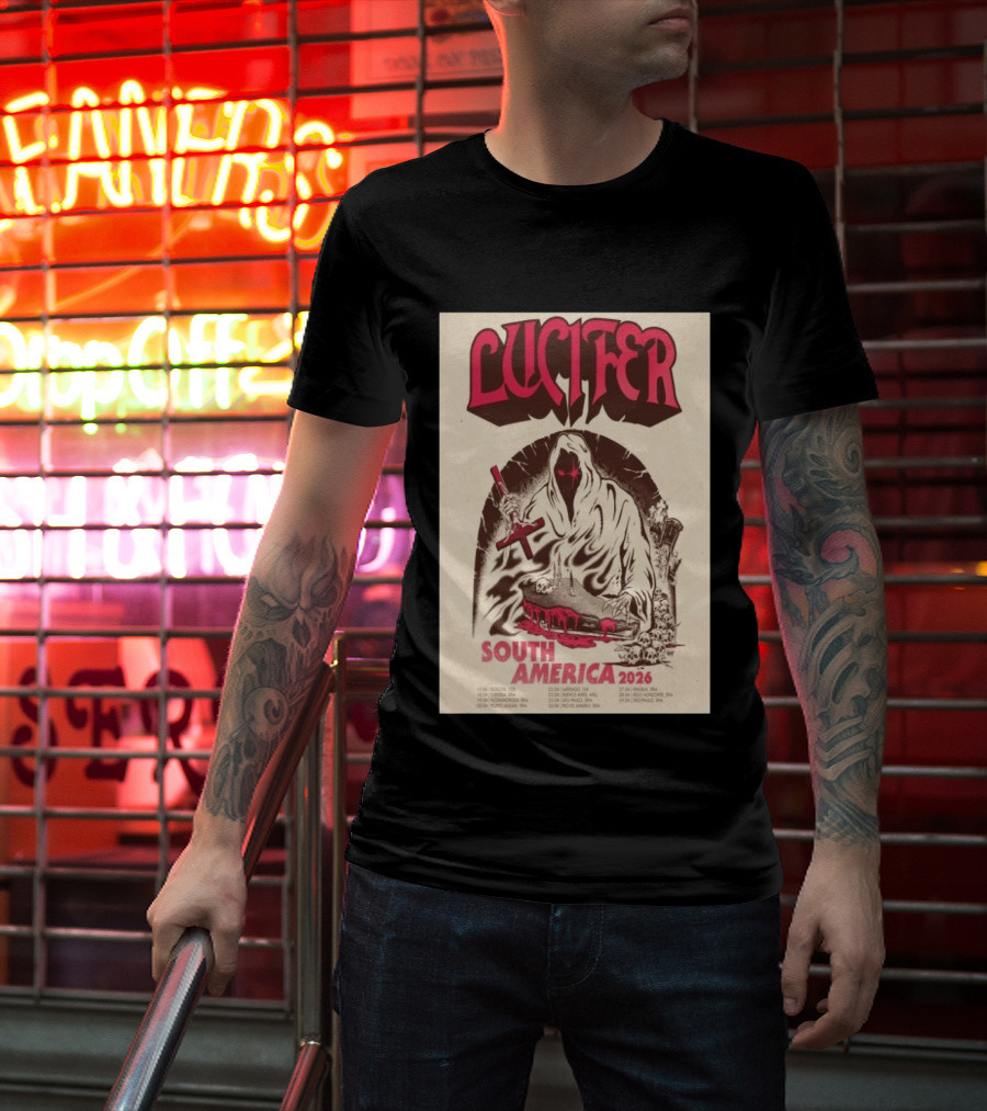 Lucifer South America 2026 Tour Schedule With Hooded Figure And Skulls T-Shirt
