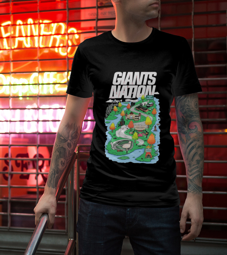 Bobby Skinner Giants Nation Cartoon Landscape Get Well Soon Welcome To Giants Nation Balloon Trees River T-Shirt