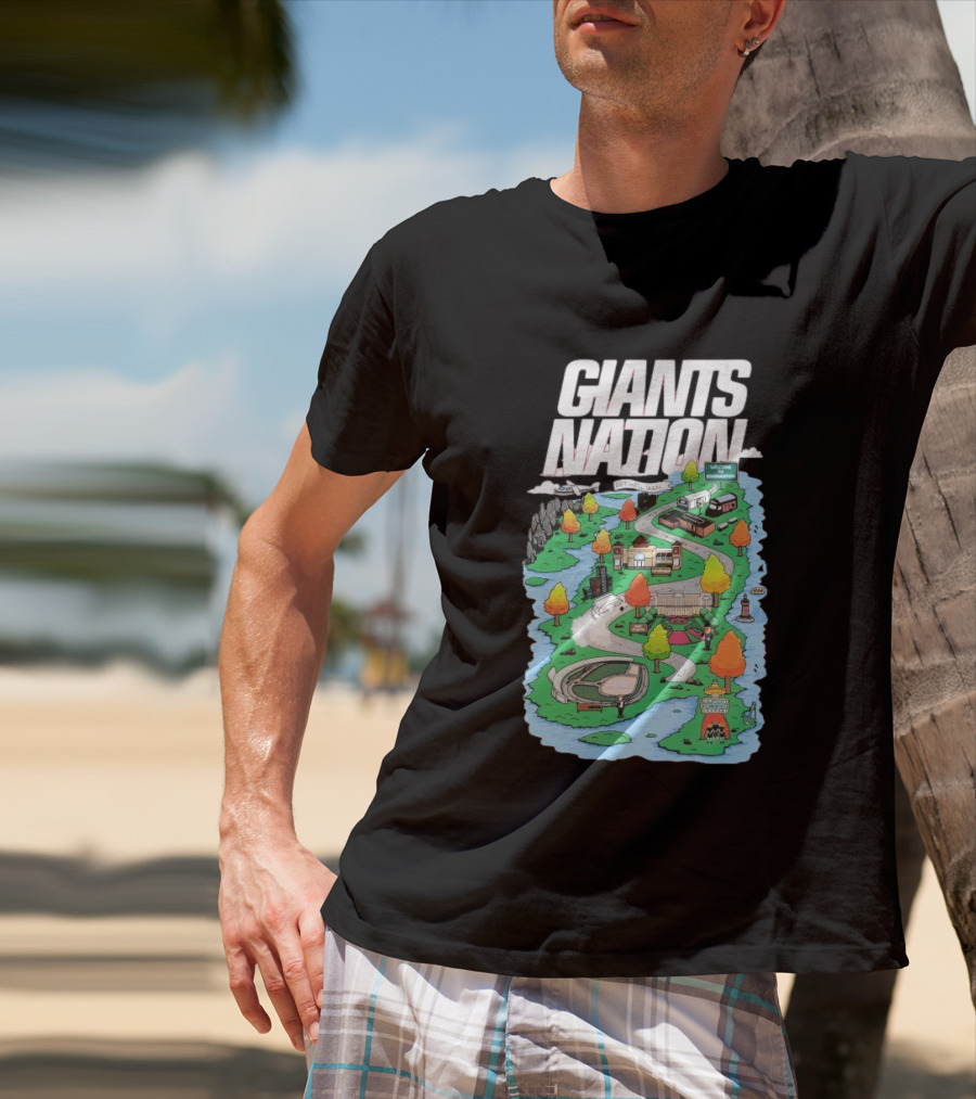 Bobby Skinner Giants Nation Cartoon Landscape Get Well Soon Welcome To Giants Nation Balloon Trees River T-Shirt