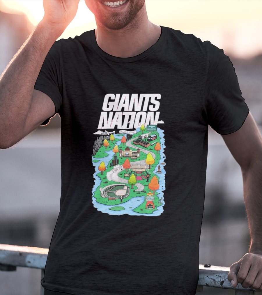 Bobby Skinner Giants Nation Cartoon Landscape Get Well Soon Welcome To Giants Nation Balloon Trees River T-Shirt