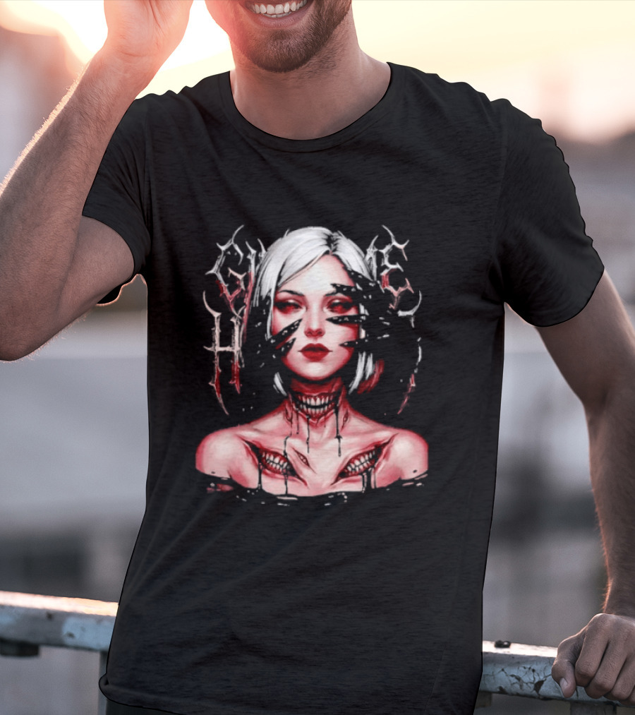 Dark Embrace Washed Creepy Pale Woman Fantasy Eyes T-Shirt