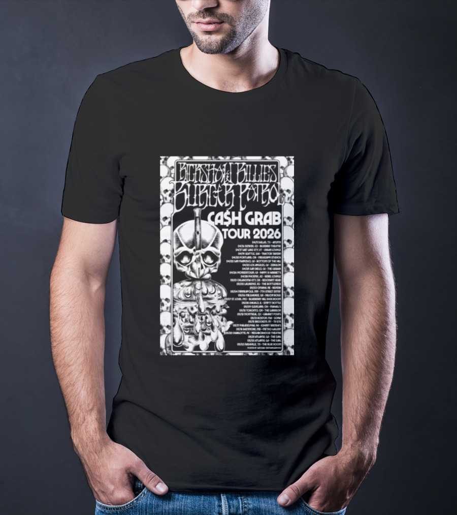 Rickshaw Billies Burger Patrol Cash Grab Tour 2026 Concert Dates Sketched Skull T-Shirt