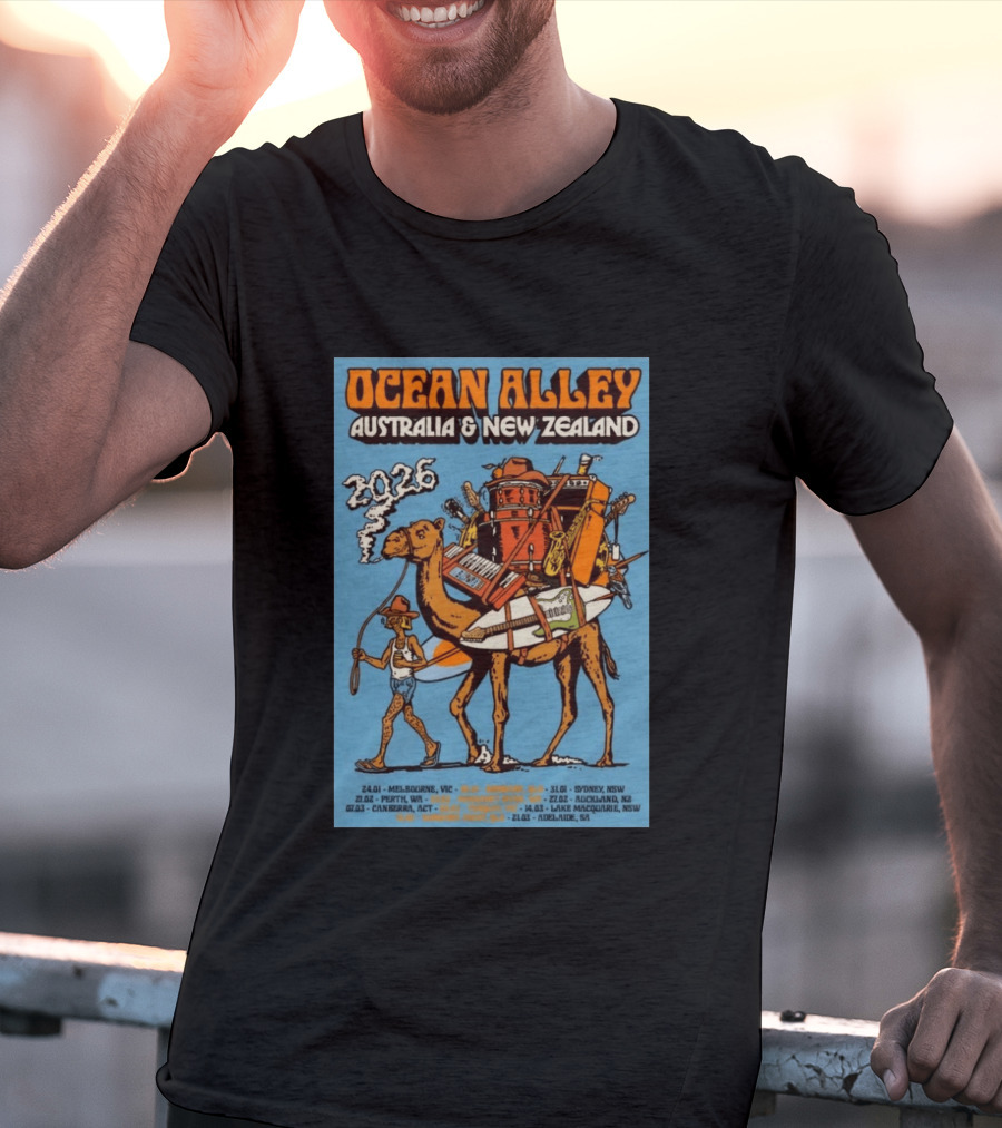 Ocean Alley Australia New Zealand 2026 Tour Dates With Camel And Musical Gear T-Shirt