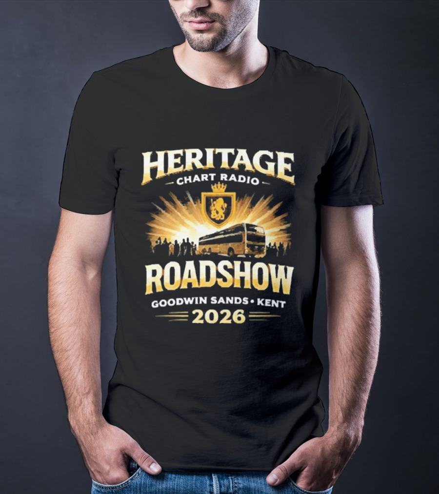 Heritage Chart Radio Roadshow Goodwin Sands Kent 2026 Lion Crest Bus Tour T-Shirt