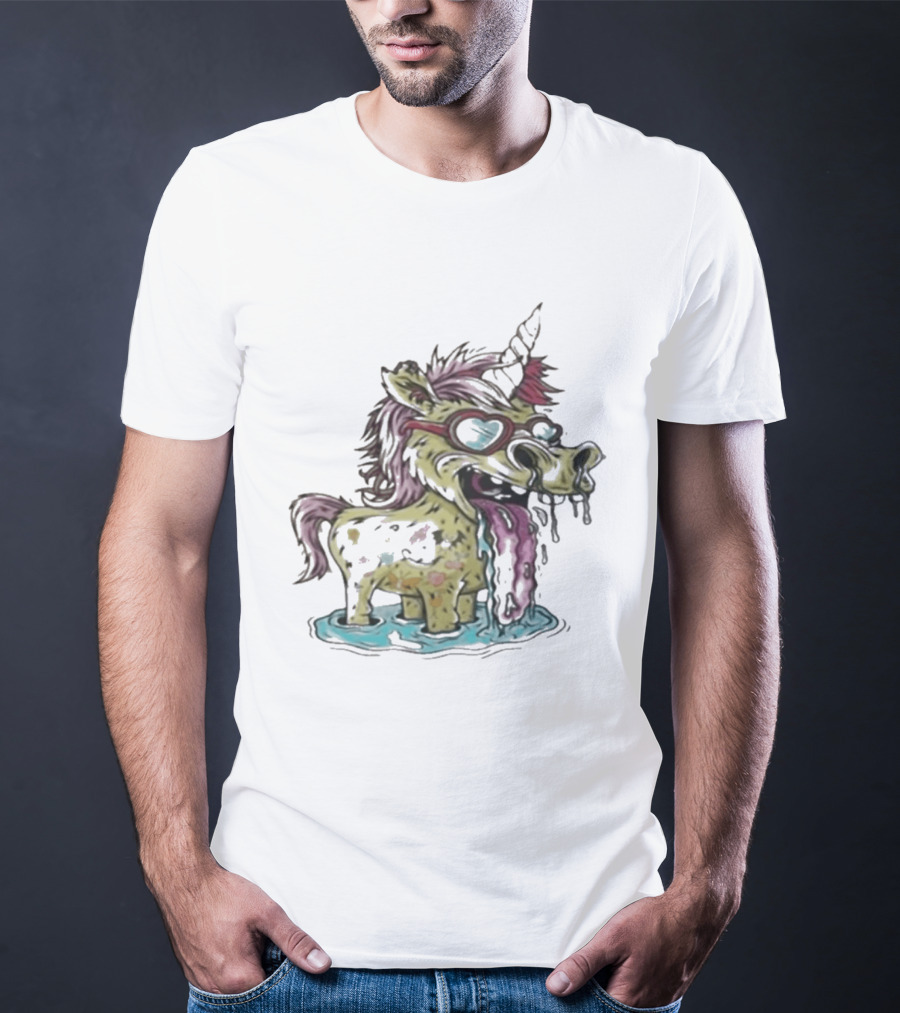 Hills Draws Unicorn With Sunglasses And Tongue Out In White T-Shirt