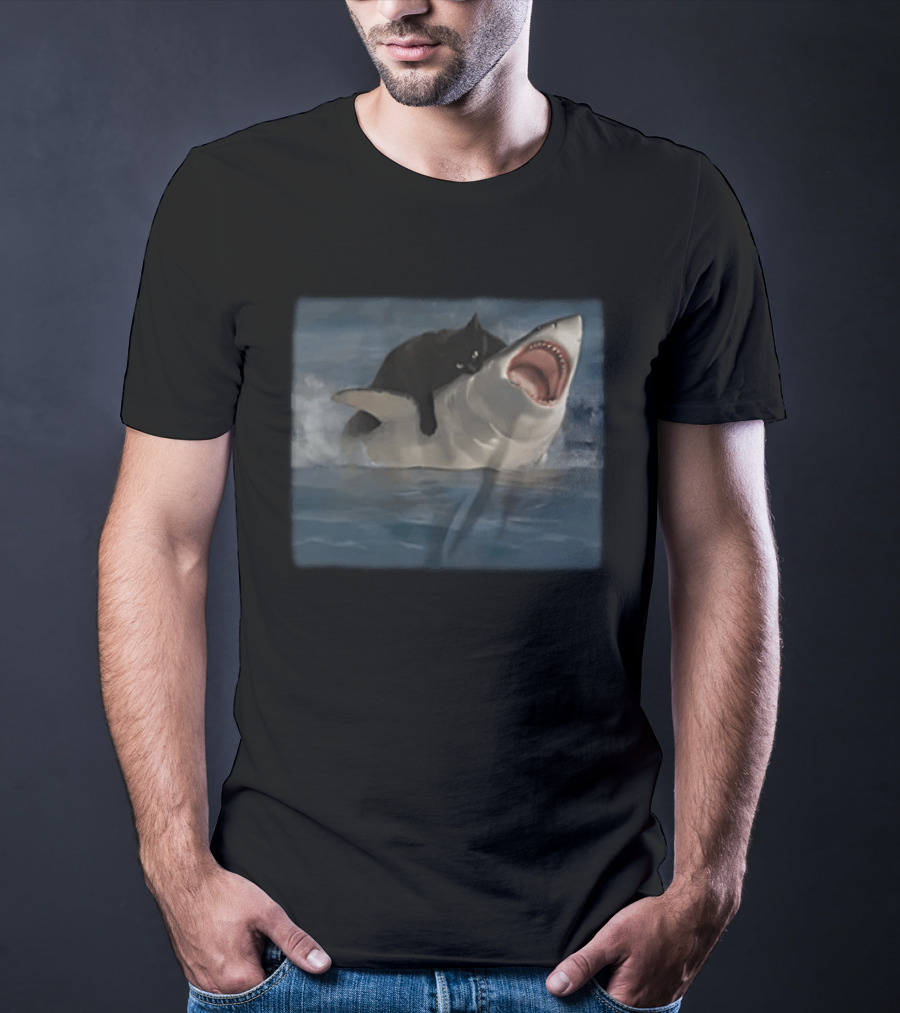Black Cat Riding On Great White Shark Ocean Adventure T-Shirt