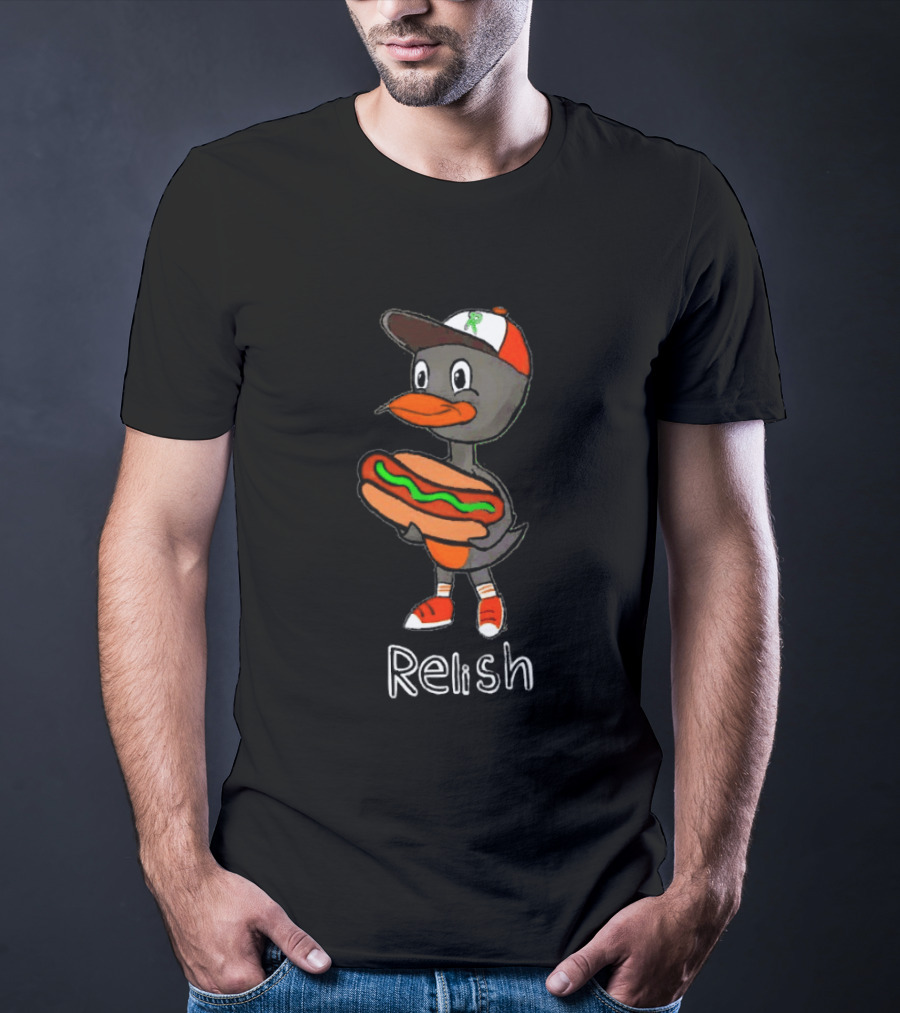 Relish Baltimore Orioles MLB Cartoon Duck Holding Hot Dog Baseball Hat T-Shirt