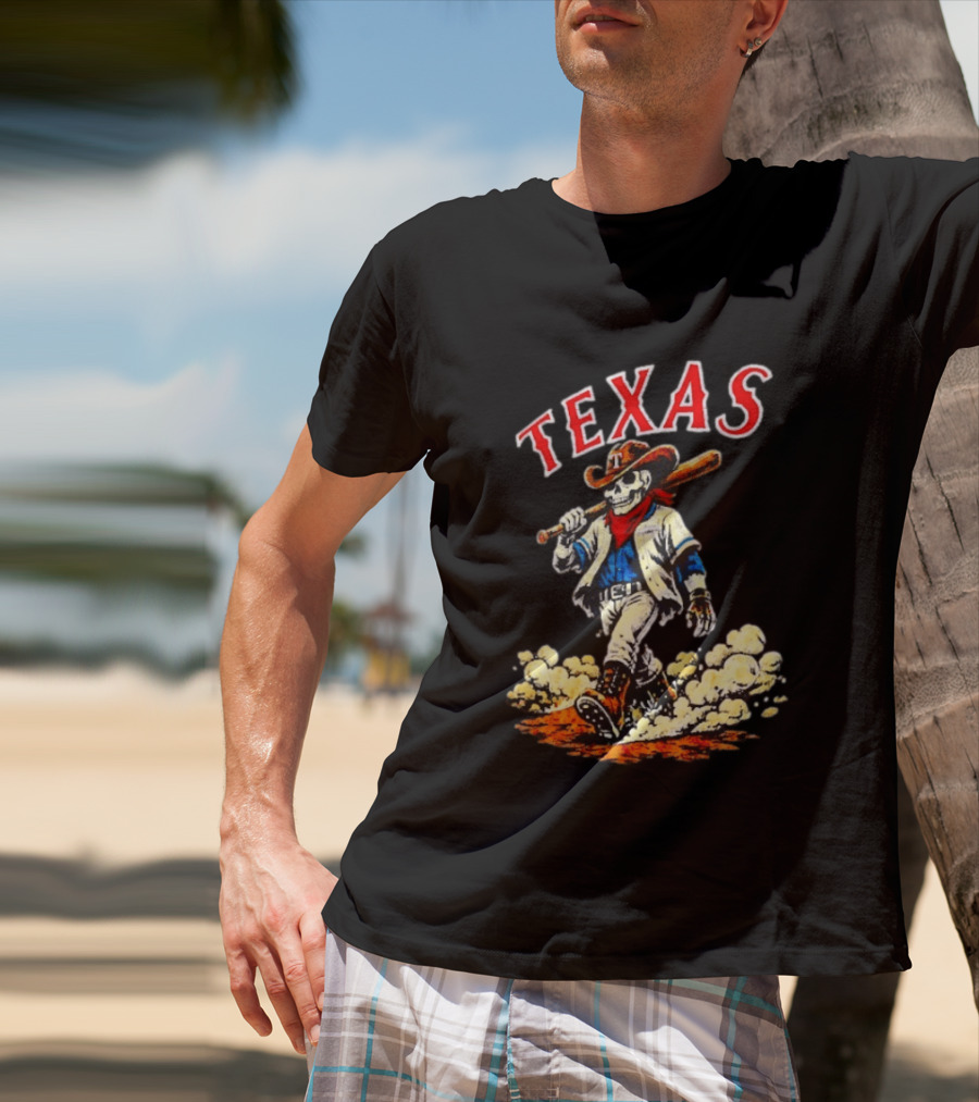Texas Rangers Cowboy Skull Baseball Player T-Shirt