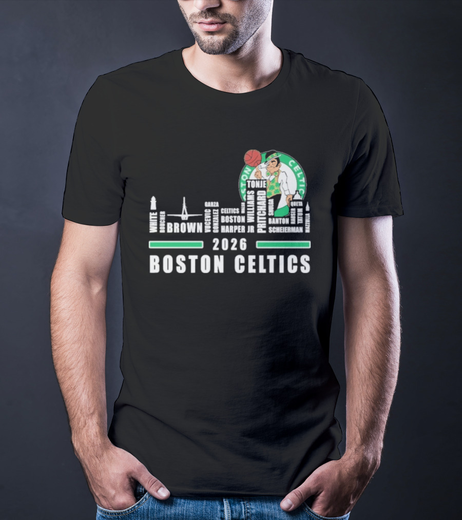 2026 Boston Celtics Brown Tatum Brogdon Porzingis White Smart Hoops Skyline T-Shirt