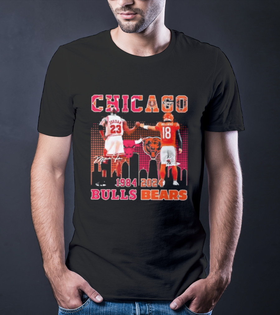 Chicago Bulls Michael Jordan 23 And Chicago Bears Caleb Williams 18 1984 2024 Signatures T-Shirt