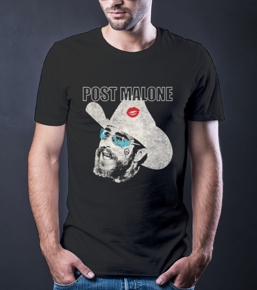 Post Malone Cowboy Hat Kiss Red Lips Blue Sunglasses T-Shirt