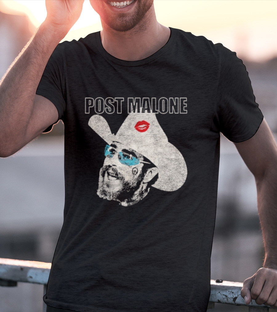 Post Malone Cowboy Hat Kiss Red Lips Blue Sunglasses T-Shirt