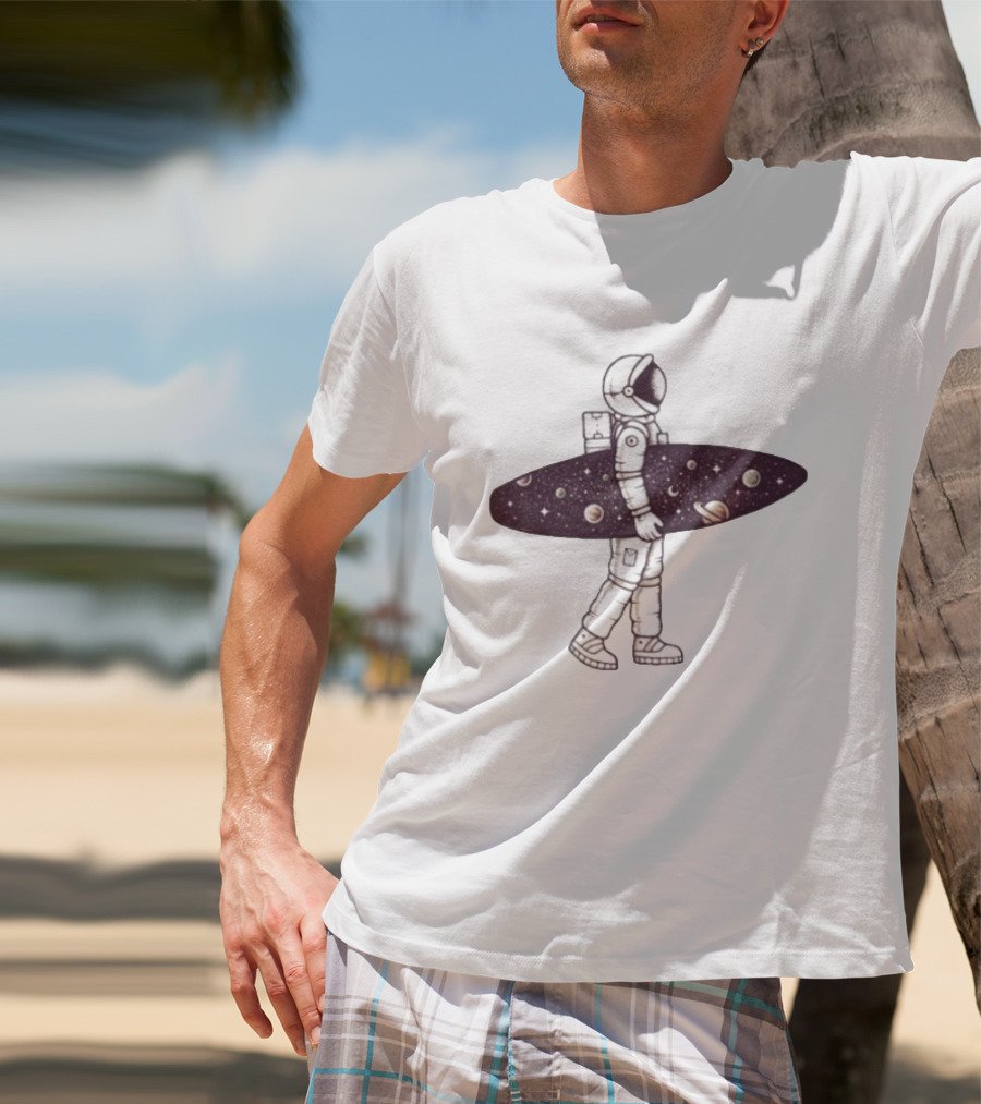 Astronaut Surfer Exploring Cosmic Adventure With Planets And Stars T-Shirt