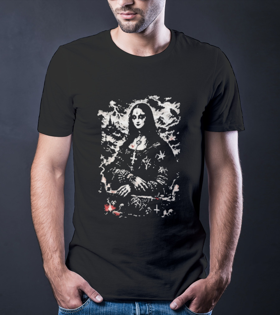 Gothic Metal Mona Lisa Cross And Stars T-Shirt