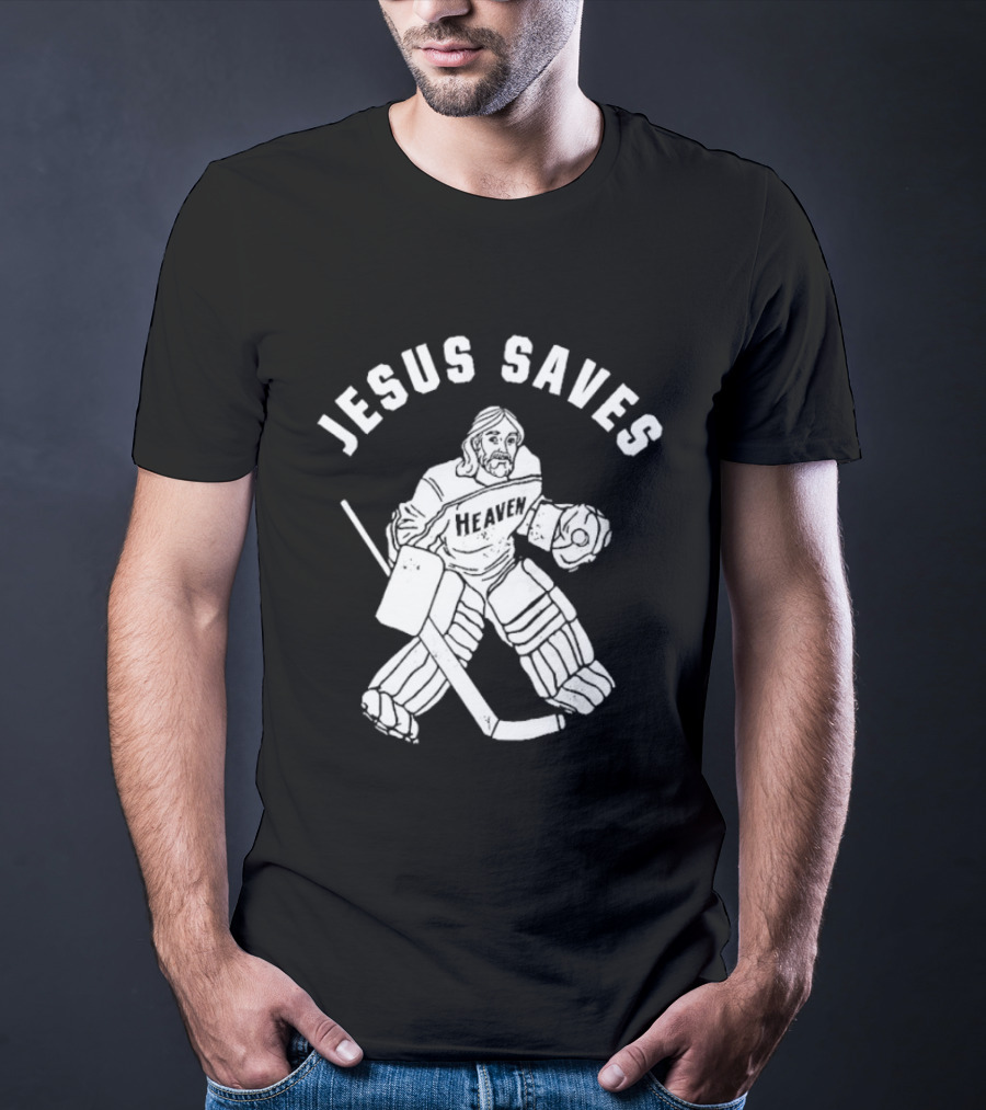 Jesus Saves Hockey Goalie Blocking Puck T-Shirt