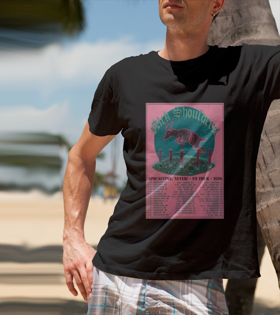 Nick Shoulders Apocalypse Never US Tour 2026 Retro Pink And Teal Leaping Deer Design With Tour Dates T-Shirt