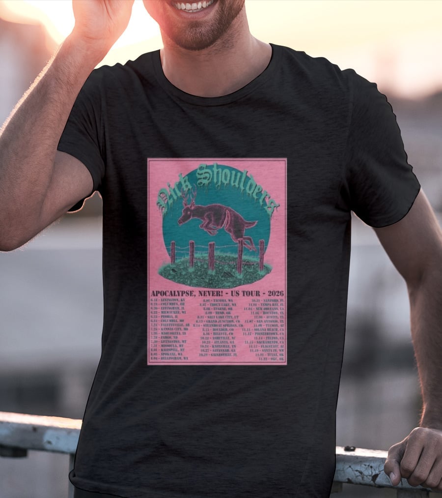 Nick Shoulders Apocalypse Never US Tour 2026 Retro Pink And Teal Leaping Deer Design With Tour Dates T-Shirt