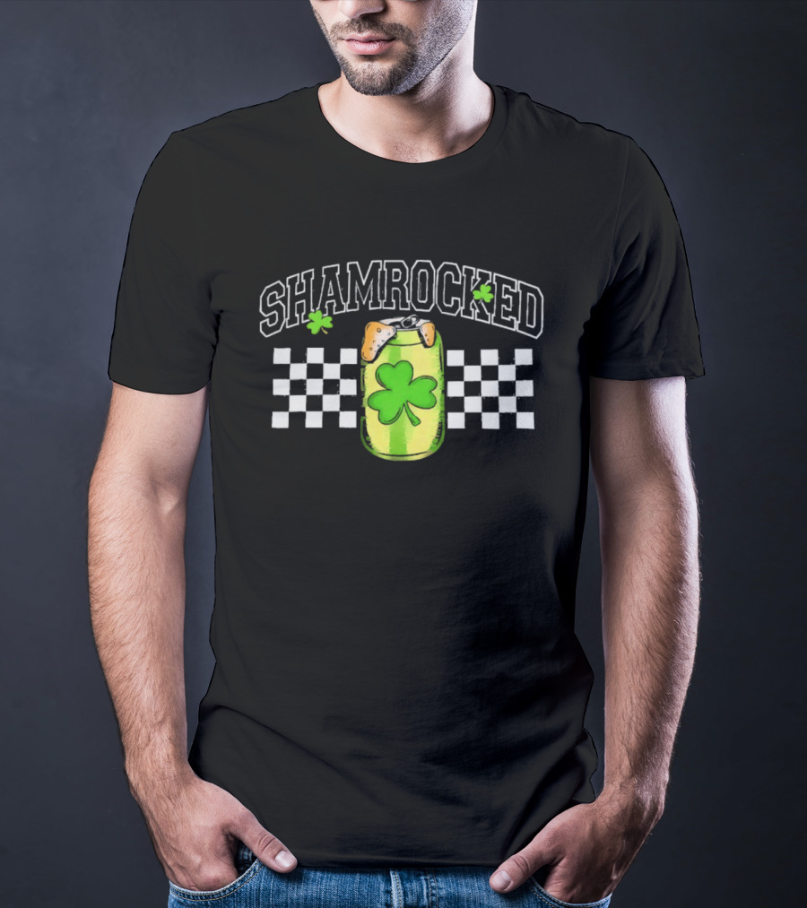 Shamrocked St. Patrick's Day Beer Can Checkerboard Clover USA T-Shirt