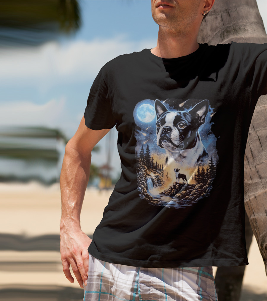 Boston Terrier Howling Moon Night Wilderness Scene T-Shirt