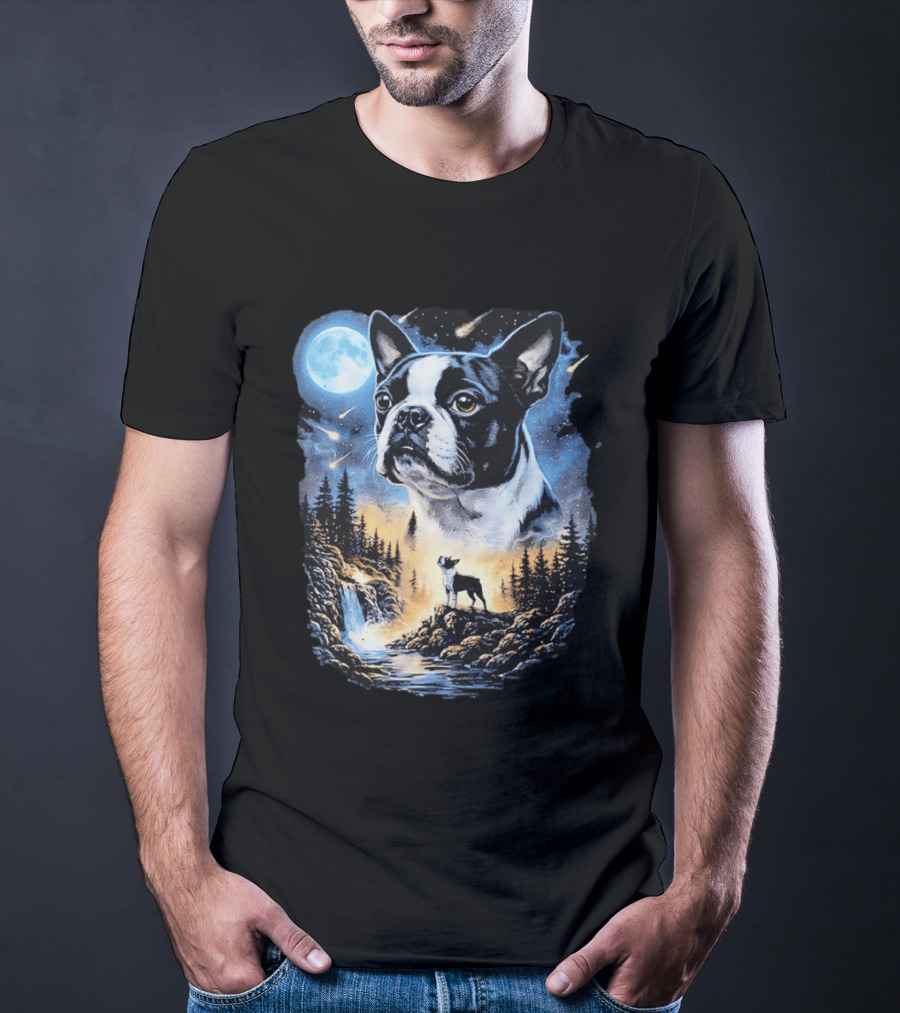 Boston Terrier Howling Moon Night Wilderness Scene T-Shirt