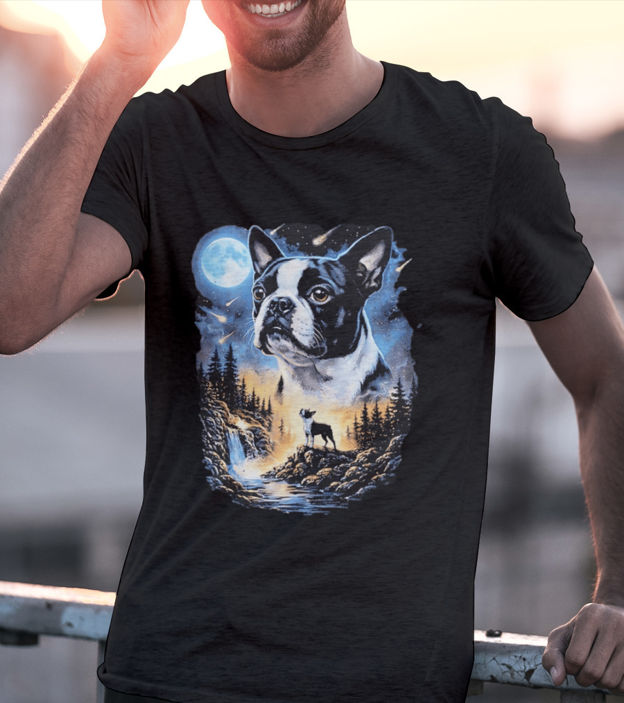 Boston Terrier Howling Moon Night Wilderness Scene T-Shirt