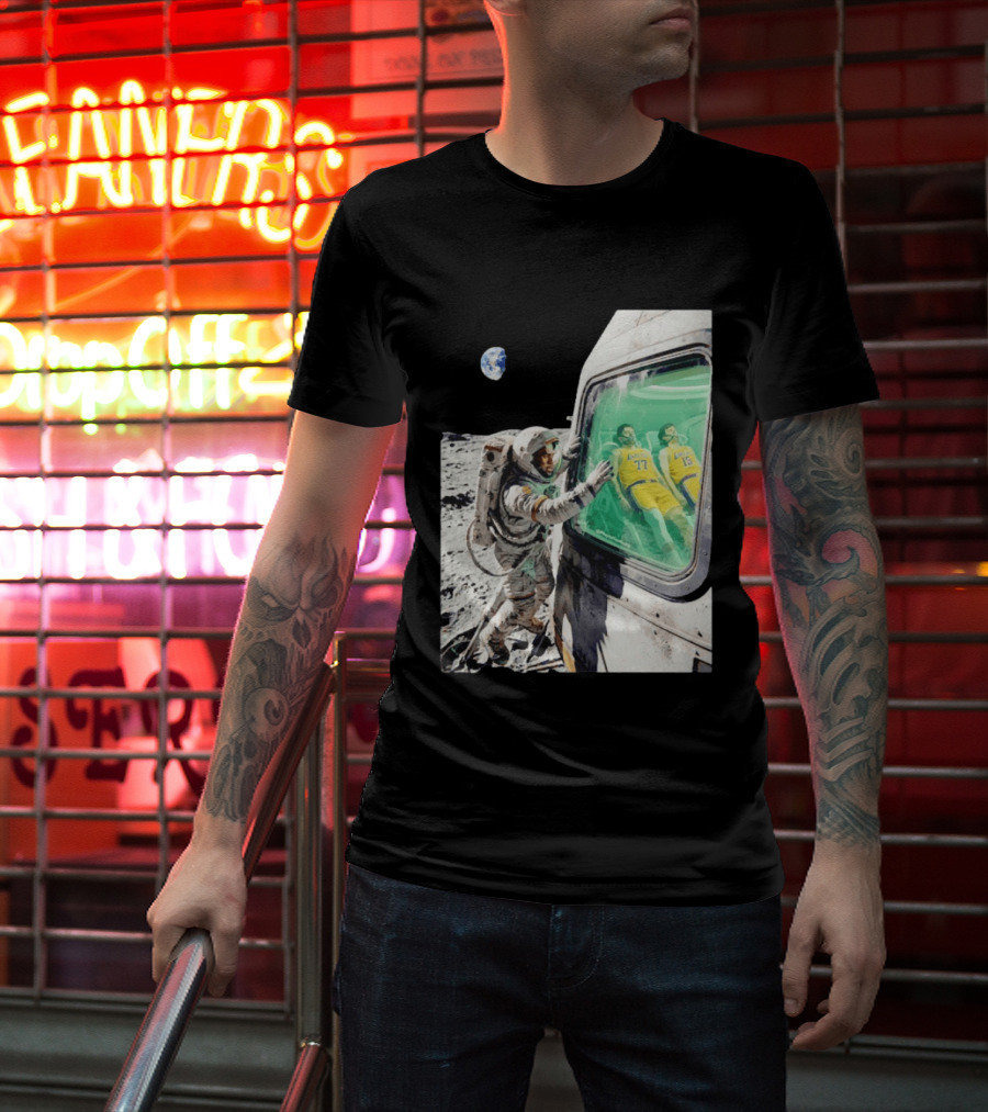 LeBron James Lakers Alone In Space Astronaut Scene With Number 77 And 15 In Spaceship T-Shirt