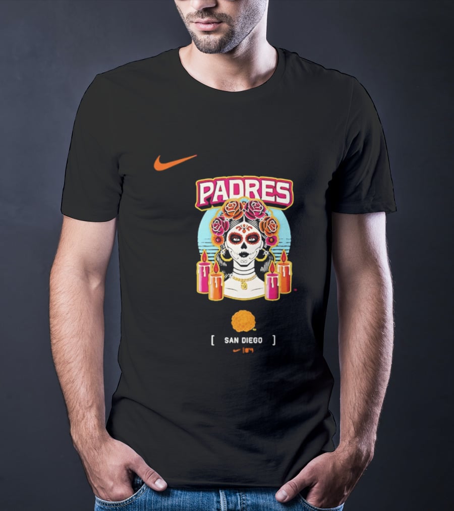 Nike San Diego Padres 2026 City Connect Dia De Los Muertos Candles Roses Large T-Shirt