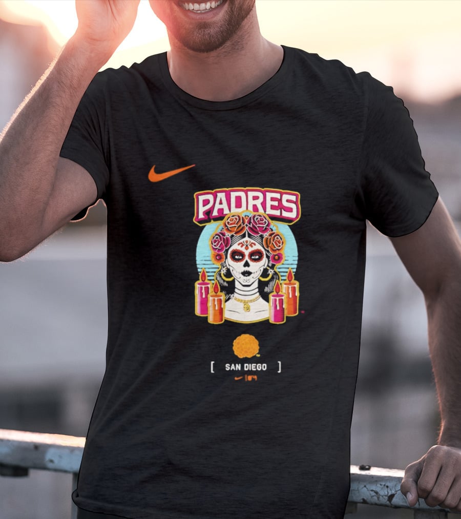 Nike San Diego Padres 2026 City Connect Dia De Los Muertos Candles Roses Large T-Shirt