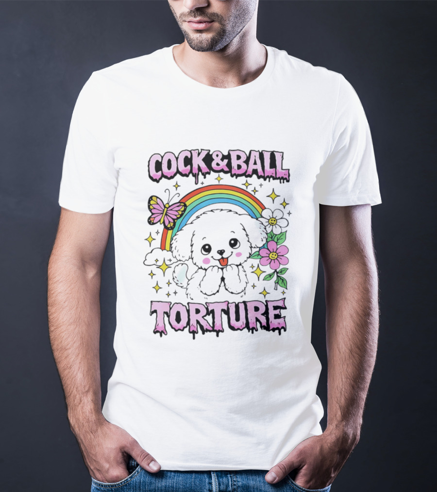 Cock And Ball Torture Dog Rainbow Butterfly Flowers T-Shirt
